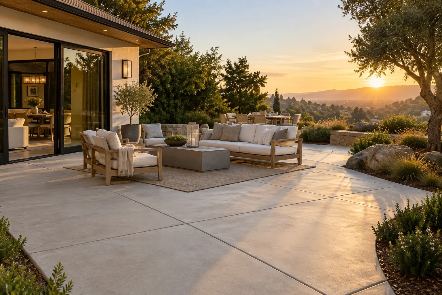 A wide concrete patio at sunset with outdoor sofas, the sliding doors open and hills beyond.