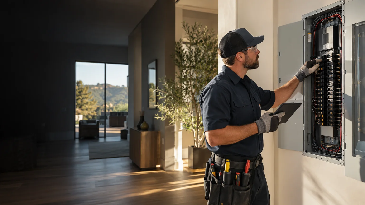 A Volta electrician in a navy shirt checking a new breaker panel in a bright hallway.