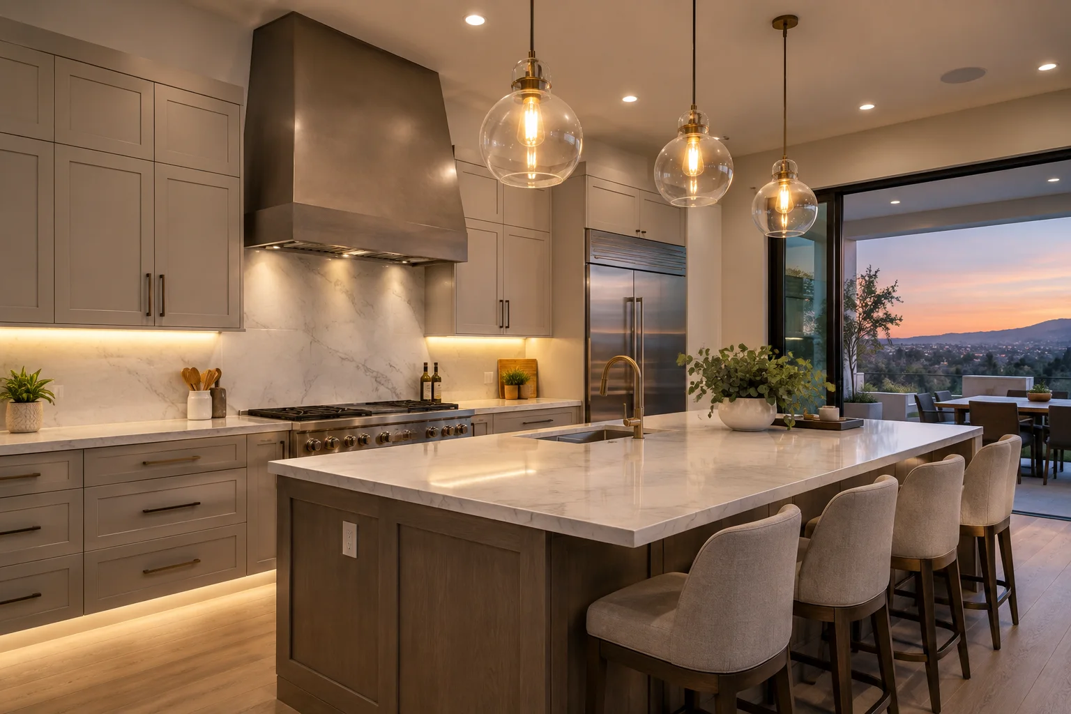 A finished kitchen at dusk with pendant lights, under-cabinet lighting and recessed cans all on.