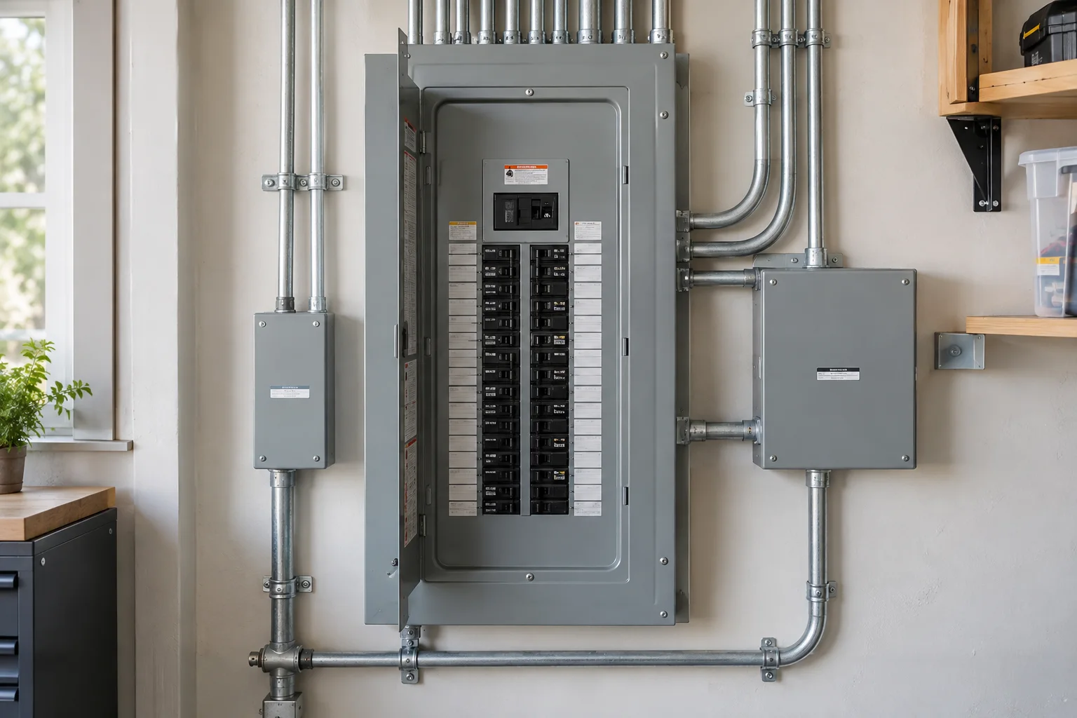 A new 200 A main panel with labeled breakers and conduit runs on a garage wall.