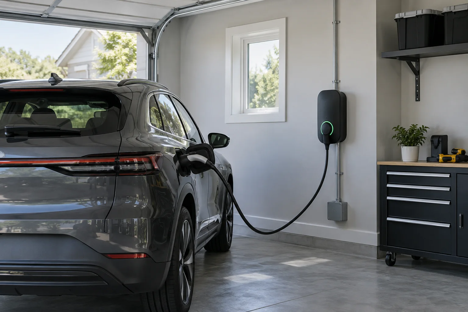 A gray SUV charging from a wall-mounted Level 2 charger in a clean garage.