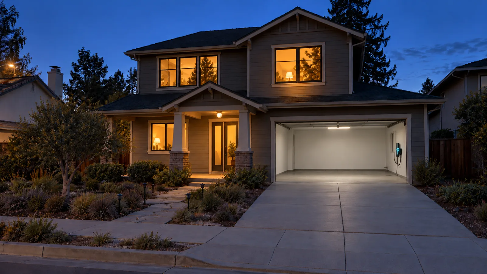 A Sunnyvale home at night, every window lit, the garage open with the EV charger glowing.