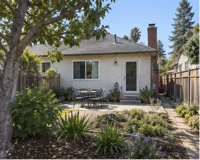 Before: the back of the house, a small patio and a lawn where the suite would go.