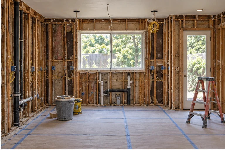 Opened to the studs. The house was lifted 14 inches on cribbing for the new foundation underneath.