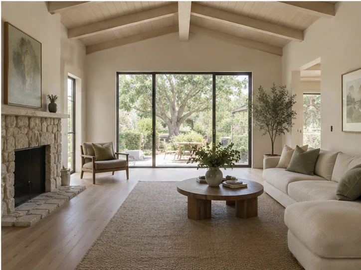 The finished great room with a vaulted ceiling, stone fireplace and sliding doors to a garden.