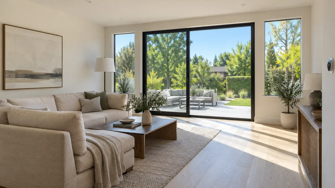 A bright living room on a summer afternoon, sliding doors open to the garden.
