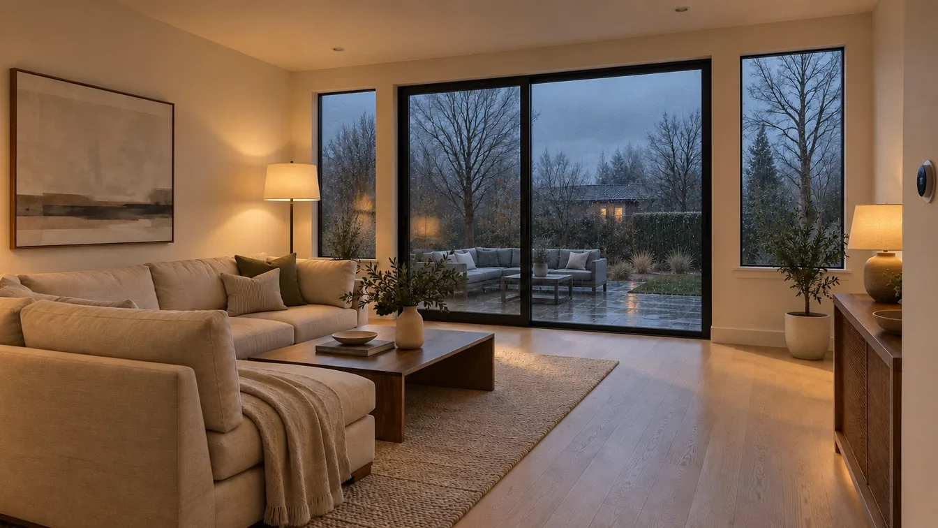 A living room on a winter evening, lamps on and the garden gray beyond the glass.