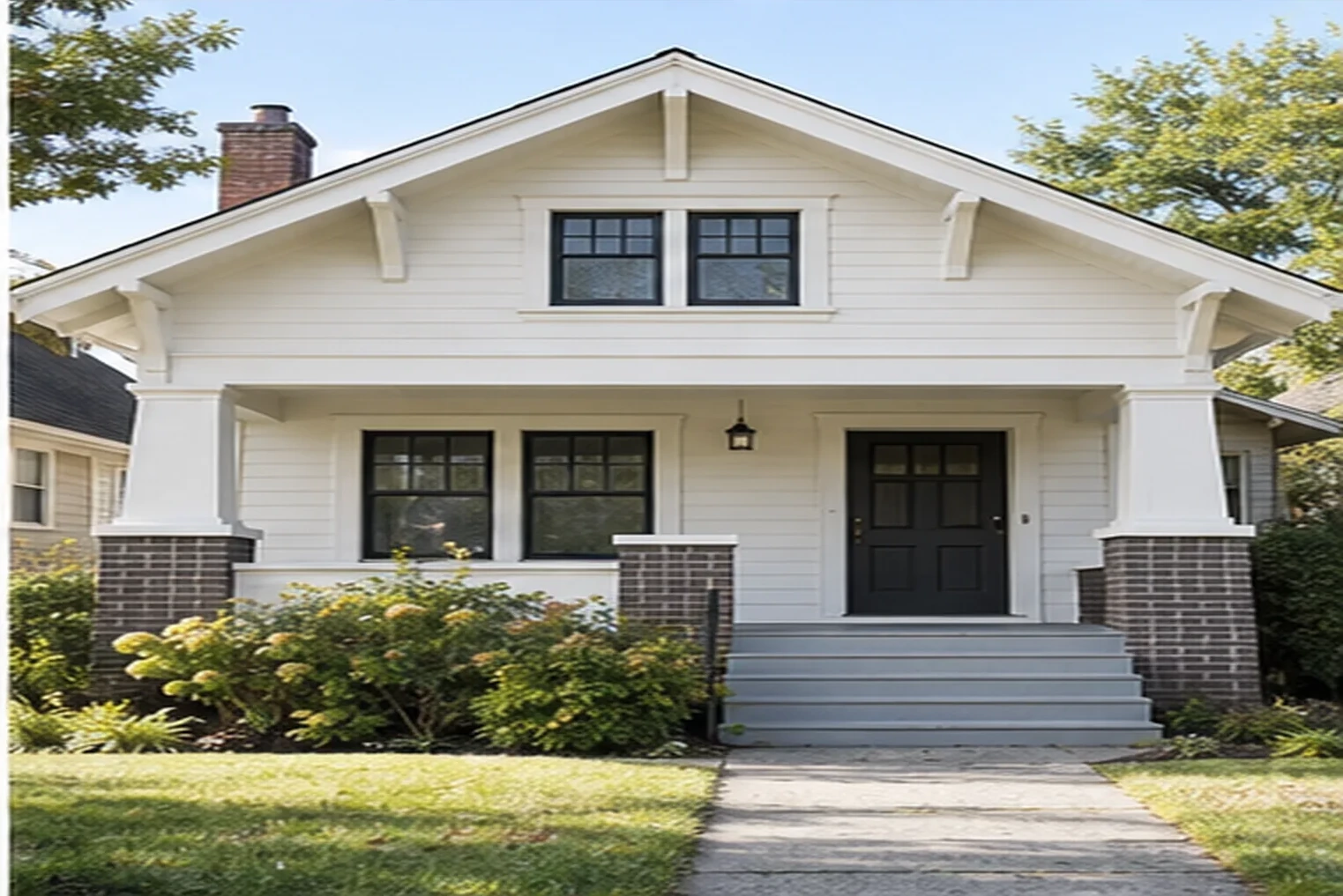 A craftsman bungalow painted warm white with black windows and brick porch piers.