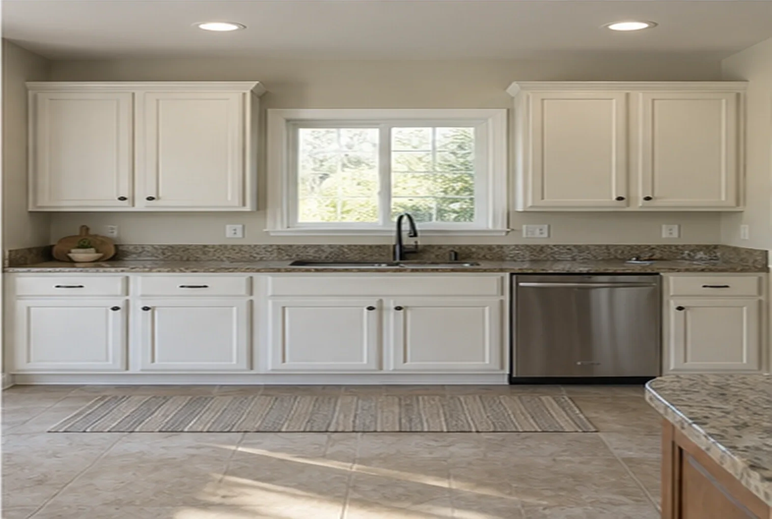 A kitchen with cabinets refinished in white above a granite counter and a stainless dishwasher.