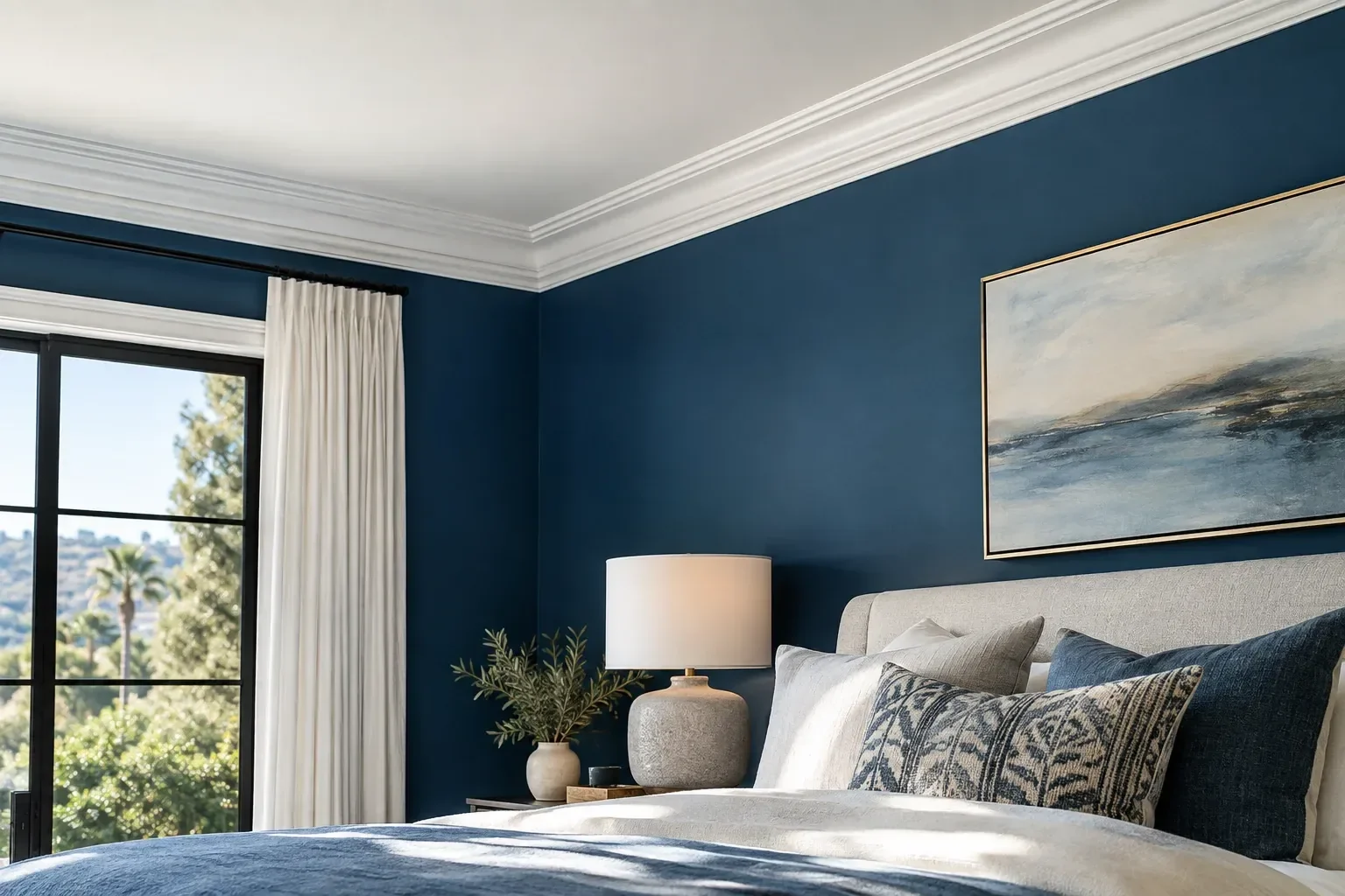 A bedroom with deep navy walls, white crown molding and a linen bed beside a tall window.