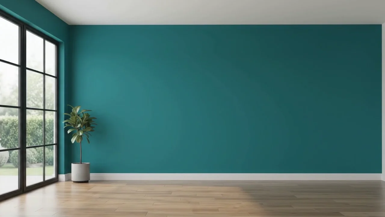 A bright room with one deep teal wall, black steel windows and a pale oak floor.