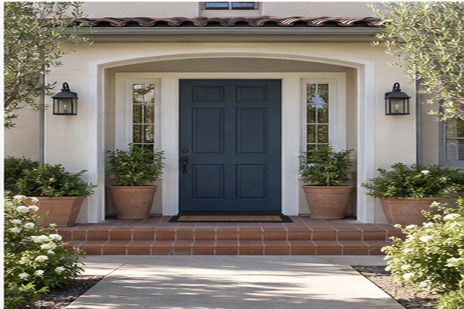An arched entry with a front door painted deep navy between two lanterns and potted olive trees.