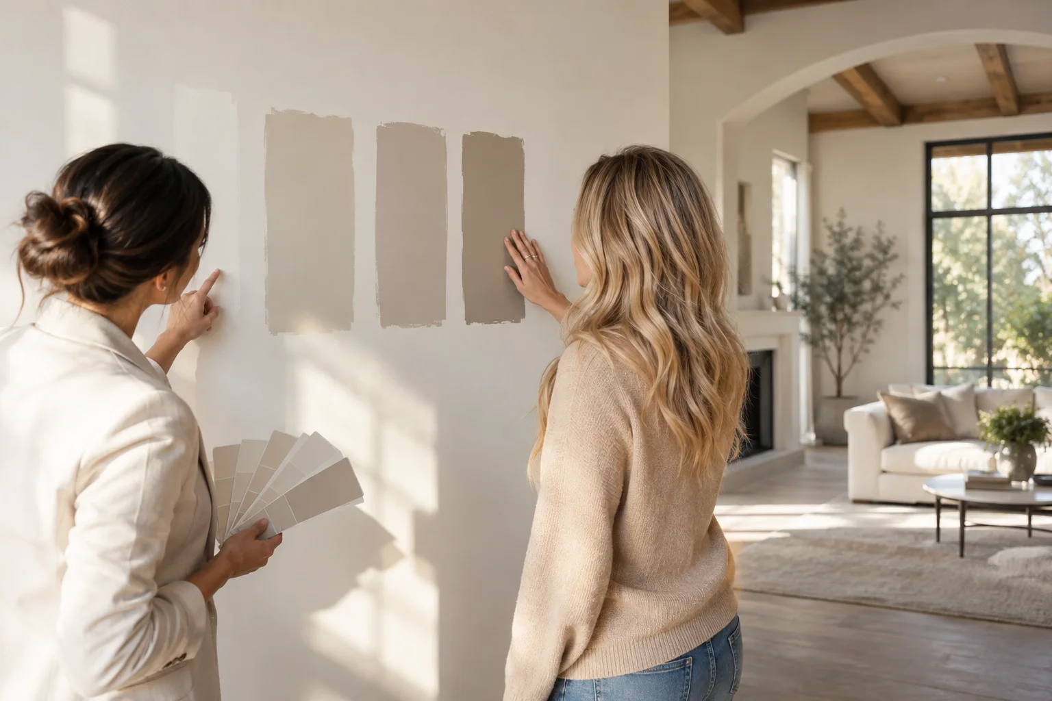 Two people comparing three neutral paint samples on a sunlit wall.