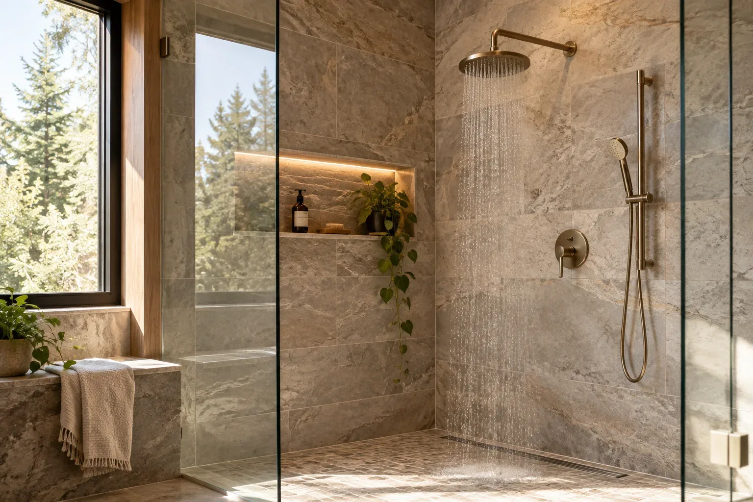 A finished walk-in shower with stone tile, a rain head and a hand shower on a slide bar.