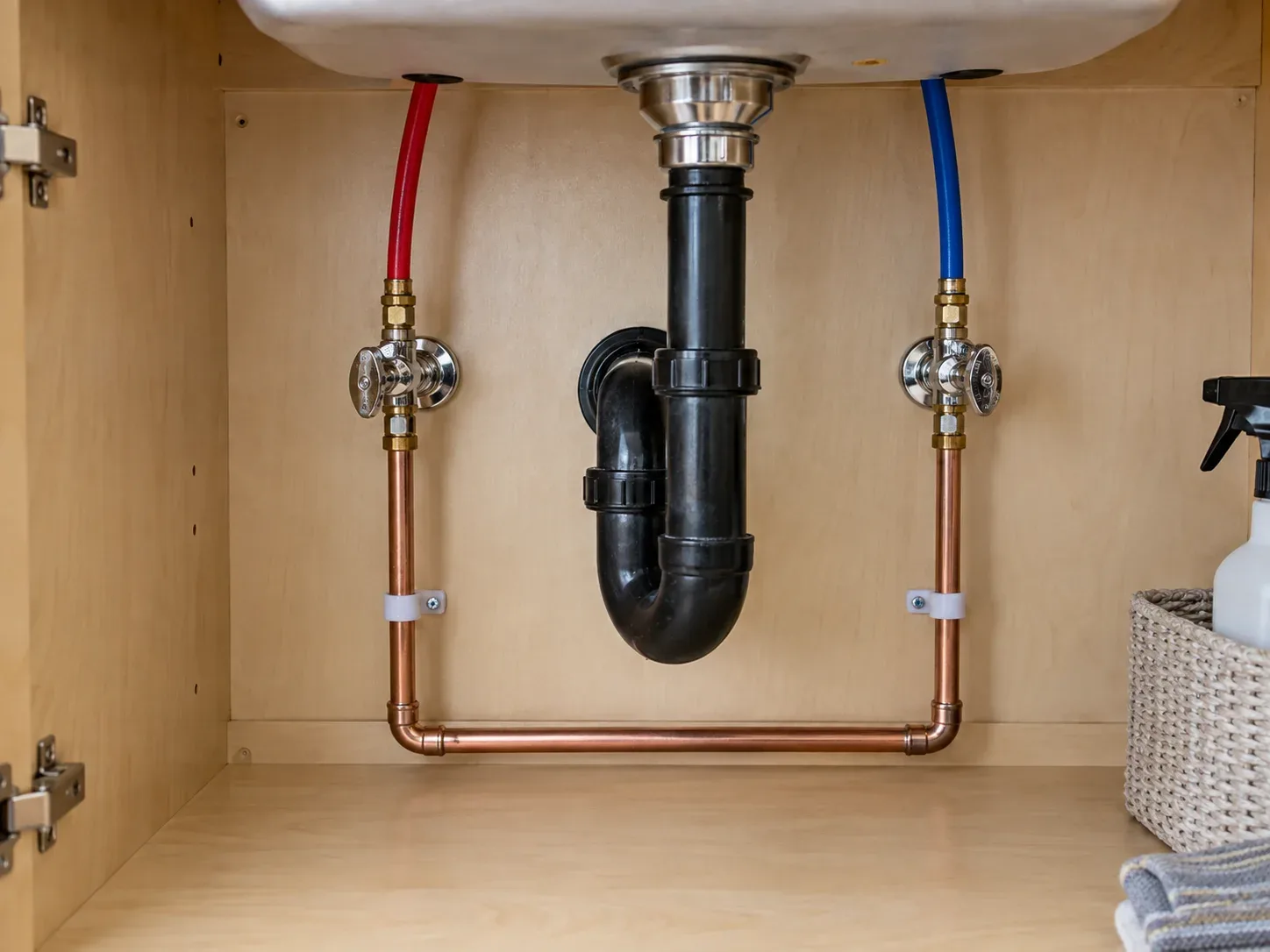 New copper supply lines, quarter-turn stops and a black P-trap under a kitchen sink.