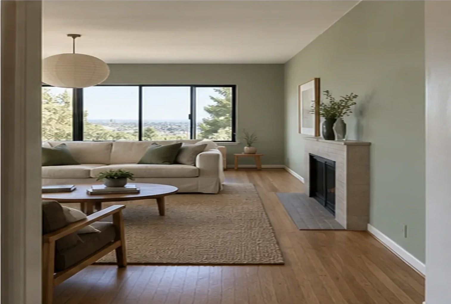 Family room with sage walls, a linen sofa and a wide window over the trees