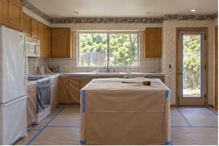 Kitchen cabinets and island wrapped in protection before work begins