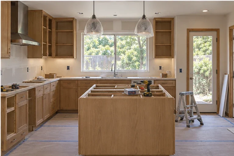 Kitchen nearing completion, with pendants hung and new cabinetry in place