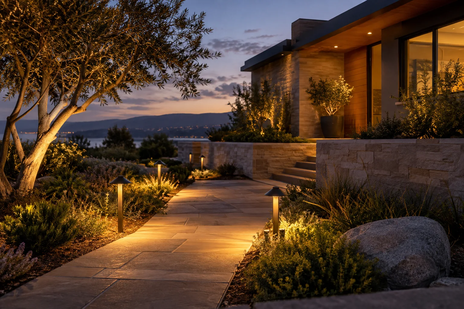 A stone front walk at dusk lit by low mushroom path lights, an olive tree uplit, the house glowing behind.