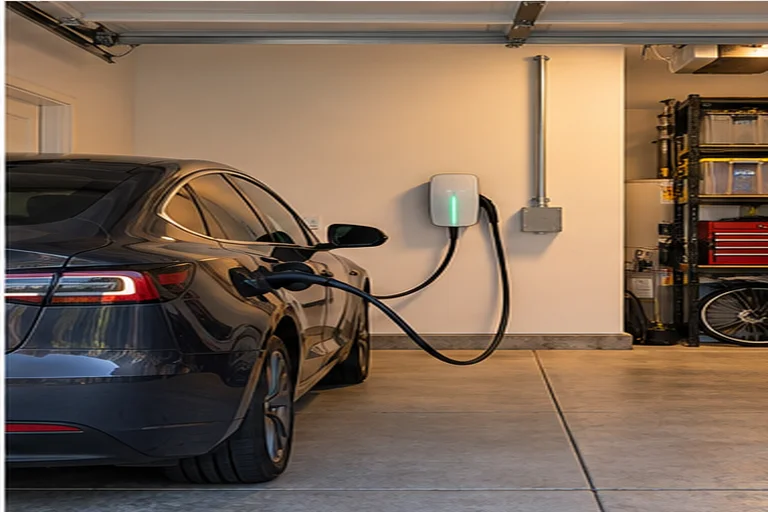 A wall-mounted Level 2 charger with a green status light, conduit running up to the ceiling, its cable plugged into a dark sedan.