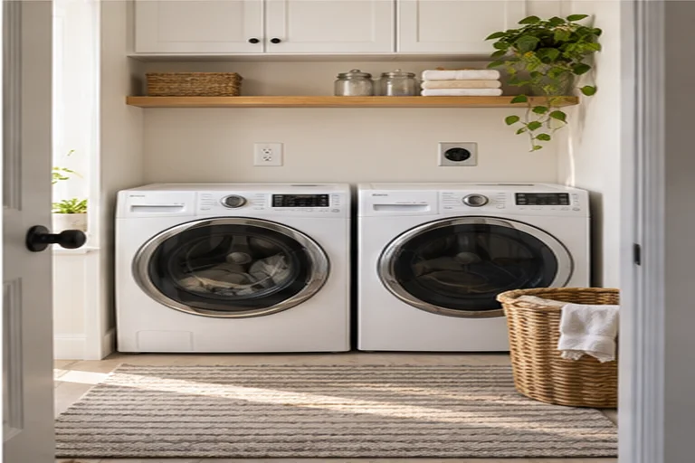 The finished laundry closet: washer and dryer reconnected on new outlets, a basket of laundry on the floor.