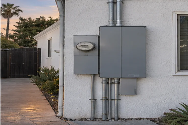 The finished 200 A panel and meter on a white stucco wall beside the driveway at dusk.