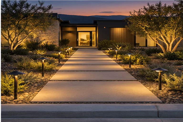 A concrete front walk at dusk lined with low mushroom path lights, an olive tree uplit on each side, leading to the lit entry.