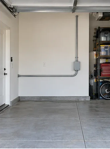 Stage 4: EMT conduit runs from the ceiling down to a junction box at charger height.