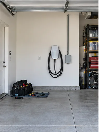 Stage 6: the charging cable coiled on its hook, conduit finished.