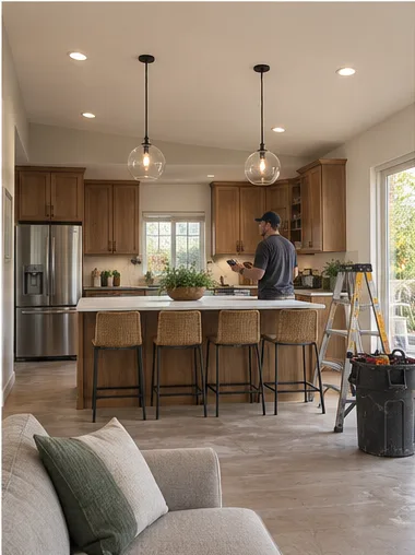 Stage 7: the electrician sets the dimmer while the pendants glow.