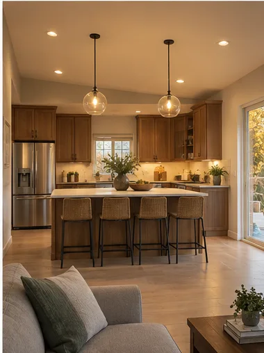 Stage 8: the finished kitchen at dusk, pendants, recessed cans and under-cabinet light on.