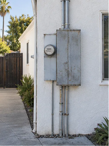 Stage 1: the original gray 100 A panel and meter on a white stucco wall beside the driveway.