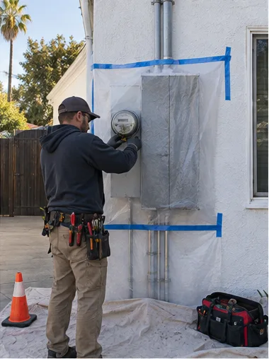 Stage 2: the electrician tapes plastic sheeting around the panel and lays a drop cloth below it.