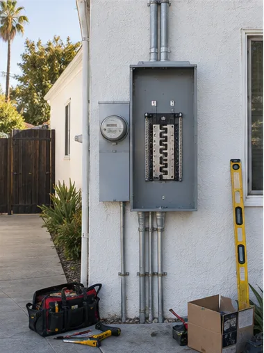 Stage 5: a new, larger panel enclosure is mounted on the wall, breakers not yet landed.