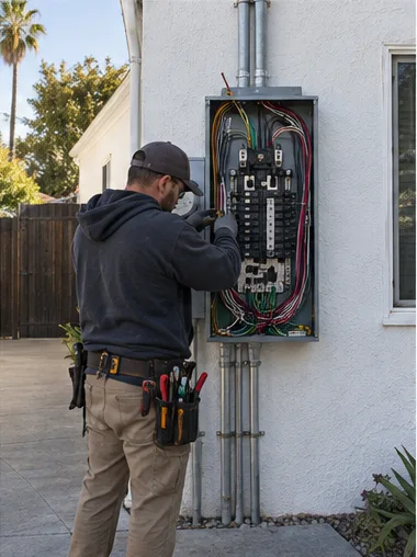 Stage 6: the electrician lands each circuit on a new breaker inside the open 200 A panel.