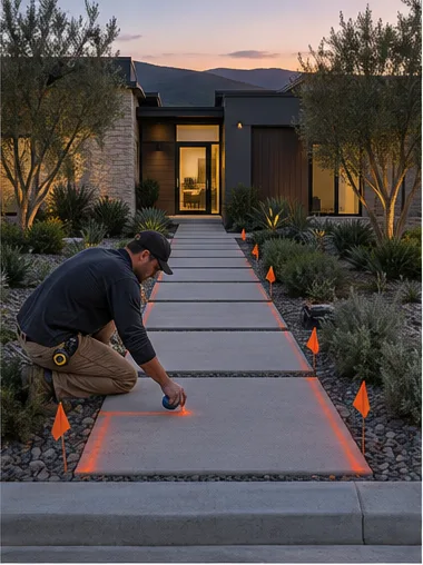 Stage 2: the electrician marks fixture positions with orange flags along the walk.