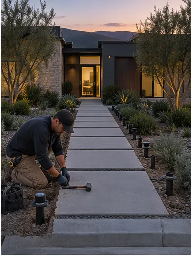 Stage 4: the electrician lays cable in the trench beside the first fixture base.