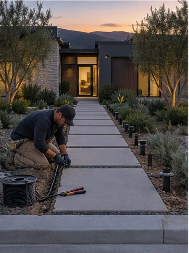 Stage 5: the electrician strips and connects the low-voltage cable at the street end of the walk, a spool of wire beside him.