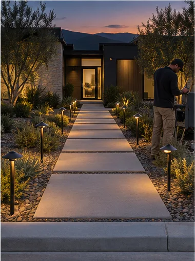 Stage 7: the path lights come on while the electrician checks the transformer.