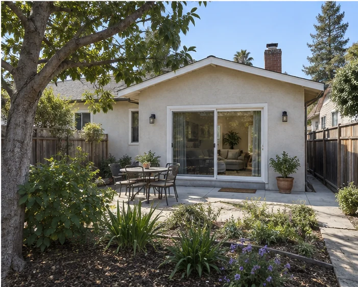 Finished rear addition: a stucco room with wide sliding glass doors opening onto a patio under a mature tree.