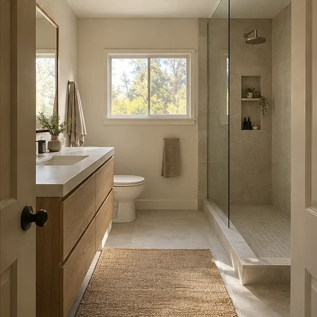 Finished bathroom: floating oak vanity, curbless glass shower with a tiled niche and a jute rug on a stone floor.
