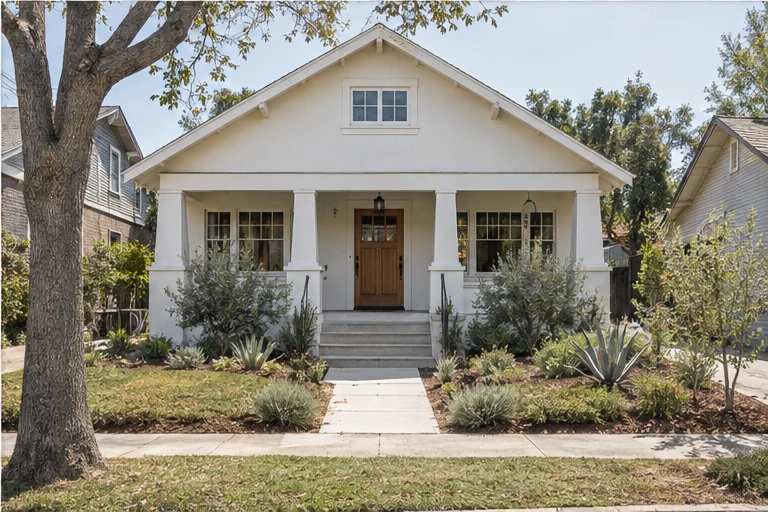 Finished craftsman bungalow exterior: fresh white siding, new porch columns, a stained front door and young plantings along the path.