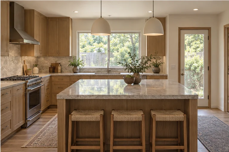 Finished kitchen with a quartz island, three woven stools, pale oak cabinetry and pendant lights over the window.