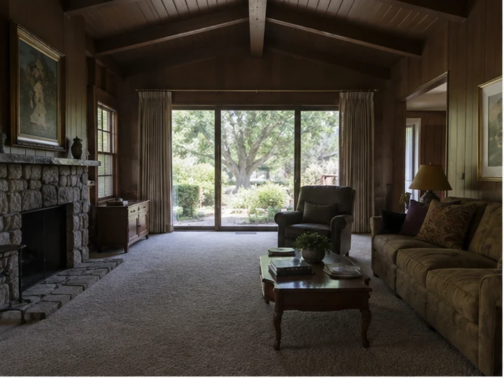 Before: a dark wood-panelled living room with carpet, heavy curtains and a stone fireplace.