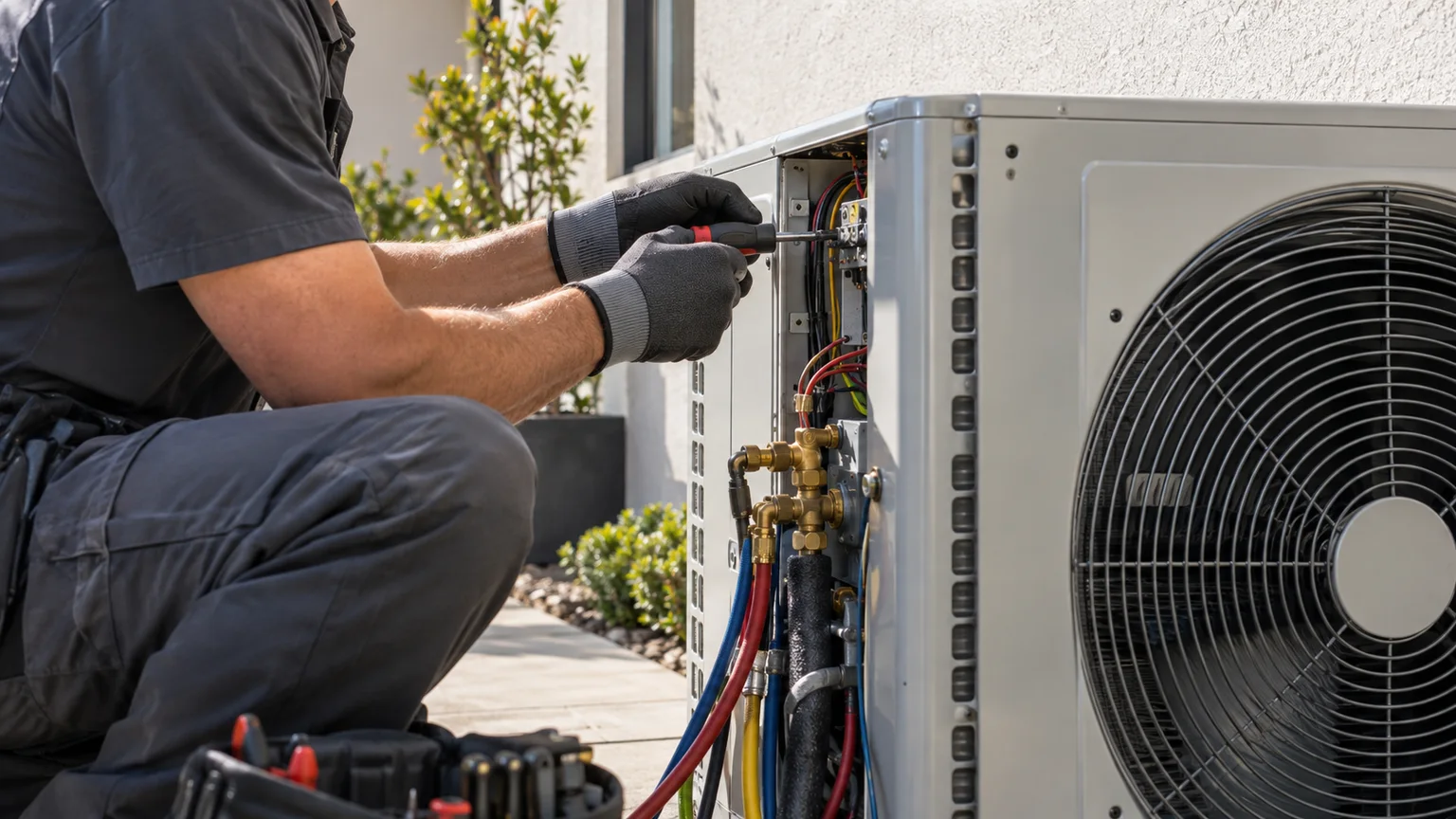 A technician in gloves working inside an outdoor condenser's open service panel, refrigerant lines and the fan grille beside him.