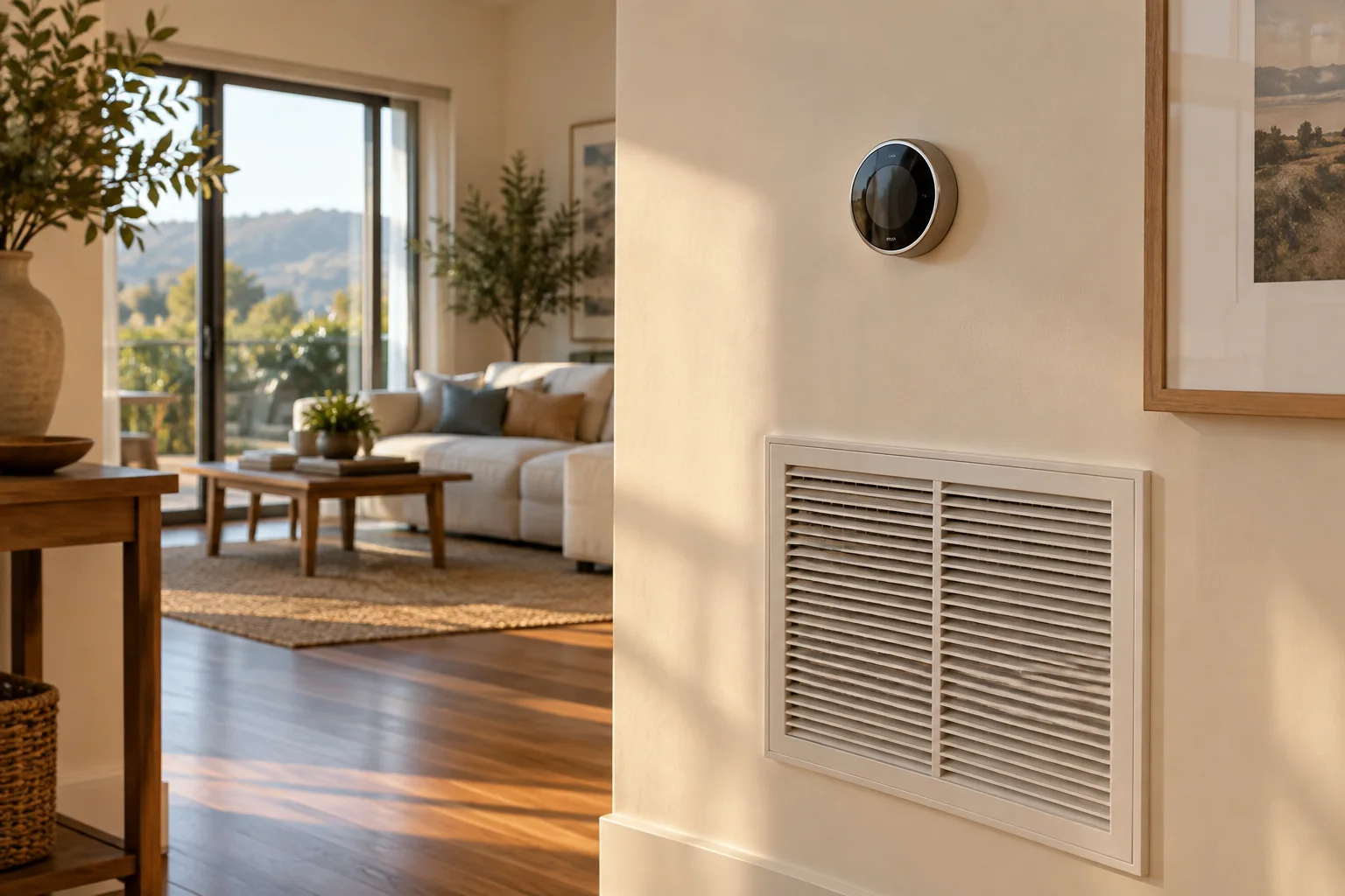 A sunlit living room with a round smart thermostat on the wall above a clean white return grille, sofa and hills beyond the glass doors.