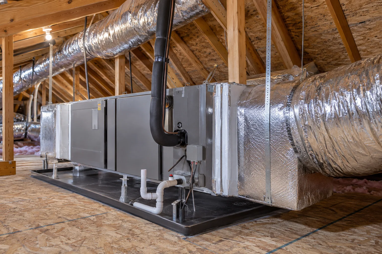 A finished attic air handler with new insulated flex ducts running away along the rafters.