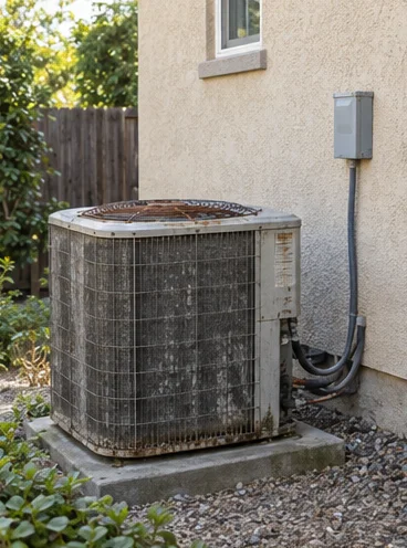 Before: a rusted, grime-covered condenser on a cracked pad.