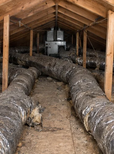 Before: the same attic with collapsed, dusty ducts lying across the joists.