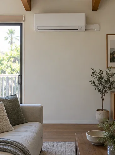 Finished: a white wall-mounted mini-split head above a cream sofa in a bright living room with exposed beams.